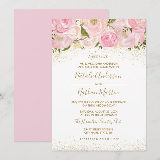 Roze Gouden Sparkle Roos Huwelijksuitnodiging Kaart (Voorkant / Achterkant)