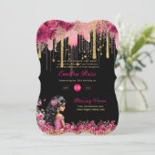 ROZE Gouden Sparkles Quinceanera Jurk Bloemen Roze Kaart (Staand voorkant)