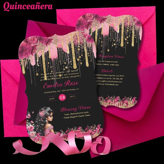 ROZE Gouden Sparkles Quinceanera Jurk Bloemen Roze Kaart
