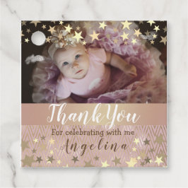 Roze gouden ster foto 1e verjaardag bedankjes labels