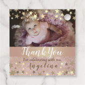 Roze gouden ster foto 1e verjaardag bedankjes labels (Achterkant)