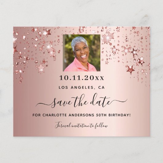 Roze gouden sterren foto verjaardag save the date flyer (Voorkant)
