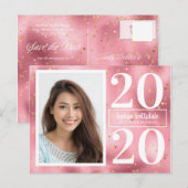 Roze gouden sterren Fotoaankondiging Afstuderen Uitnodiging Briefkaart (Voorkant / Achterkant)