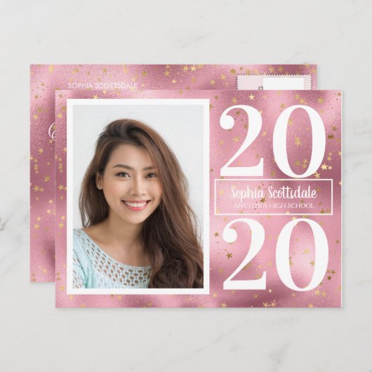 Roze gouden sterren Fotoaankondiging Afstuderen Uitnodiging Briefkaart (Voorkant / Achterkant)