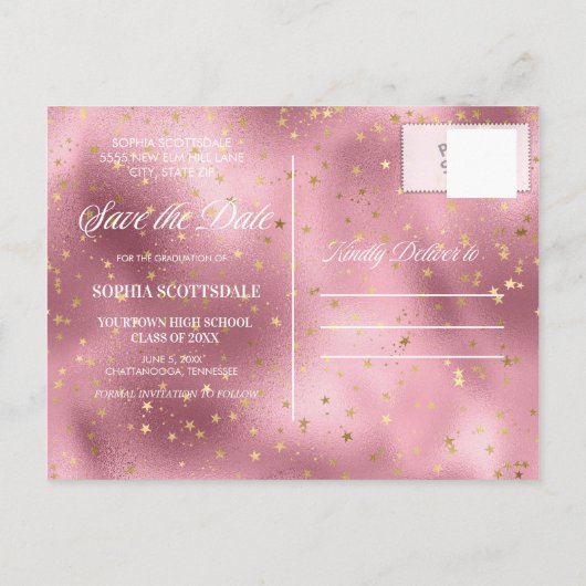 Roze gouden sterren Fotoaankondiging Afstuderen Uitnodiging Briefkaart (Achterkant)