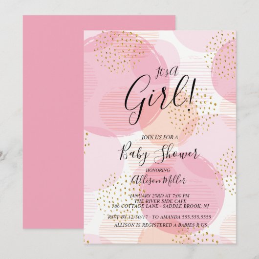Roze & Gouden Stippen Baby shower Invitation Kaart (Voorkant / Achterkant)