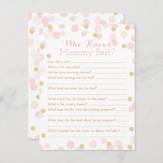 Roze Gouden Stippen Baby Shower Moeder Quiz Uitnodiging Briefkaart (Voorkant / Achterkant)