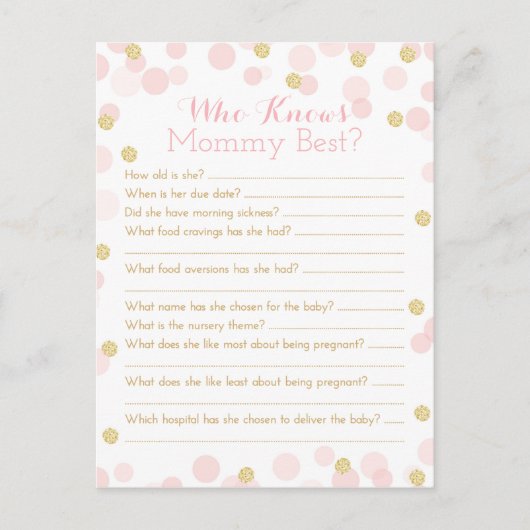 Roze Gouden Stippen Baby Shower Moeder Quiz Uitnodiging Briefkaart (Voorkant)