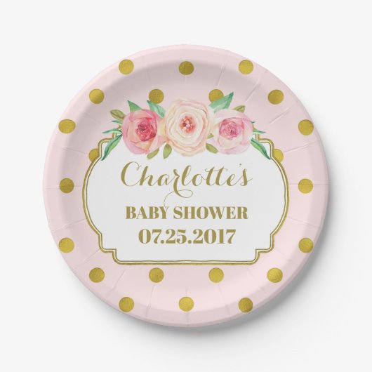 Roze Gouden Stippen Bloemen Baby shower Bord (Voorkant)