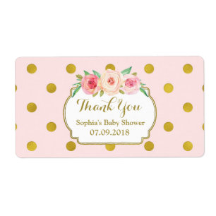 Roze Gouden Stippen Bloemen Baby shower Etiketten