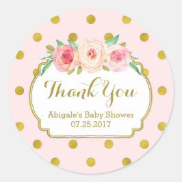 Roze Gouden Stippen Bloemen Baby shower Favor Tags Ronde Sticker