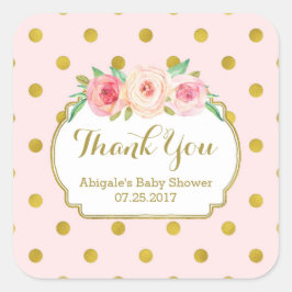 Roze Gouden Stippen Bloemen Baby shower Favor Tags Vierkante Sticker