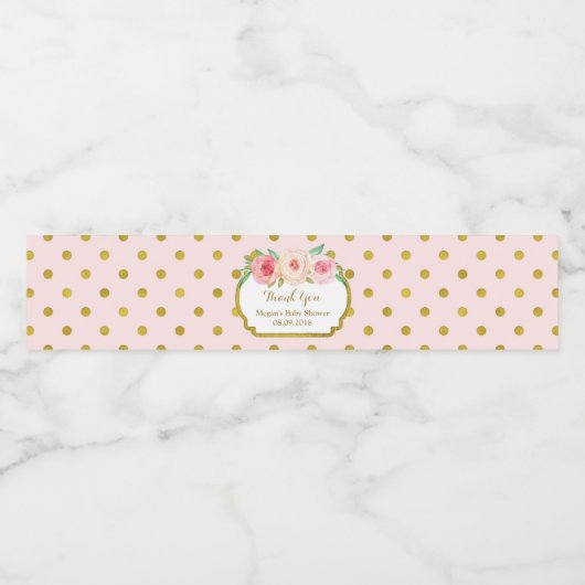 Roze Gouden Stippen Bloemen Water Flesje Etiket (Enkel label)