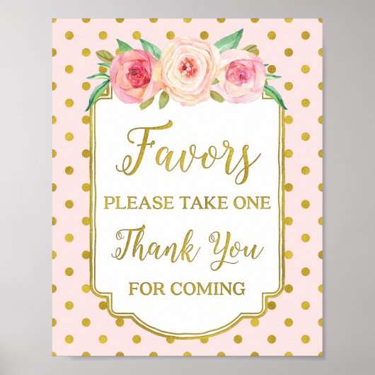 Roze gouden Stippen Blush Floral Favors Sign Poster (Voorkant)