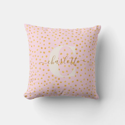 Roze Gouden Stippen Monogram Decoratie Kussen (Voorkant)
