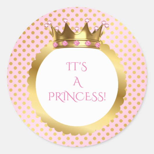 Roze & Gouden Stippen Royal Princess Crown Ronde Sticker (Voorkant)