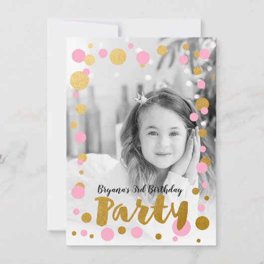 Roze & Gouden Stippen Verjaardagsfeest Fotouitnodi Kaart (Voorkant)
