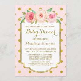 Roze Gouden Stippen Waterverf Bloemen Baby shower Kaart