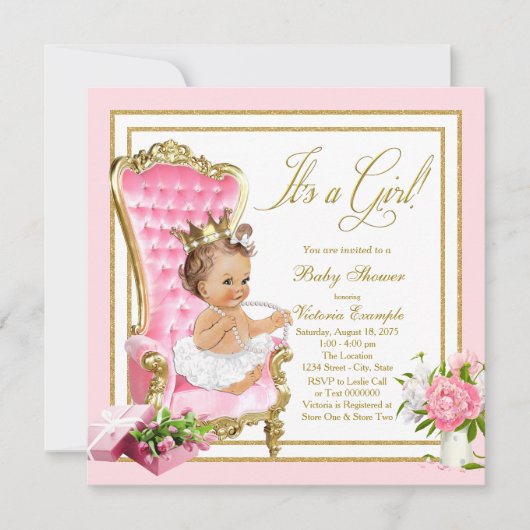 Roze Gouden Stoel Princess Pearl Tutu Baby shower Kaart (Voorkant)