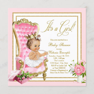 Roze Gouden Stoel Prinses Parel Tutu Baby Shower Kaart