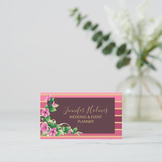 Roze Gouden Strepen Lijnen Bloemen Visitekaartje (Staand voorkant)