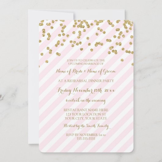 Roze gouden strepen repetitie dinerfeest kaart (Achterkant)