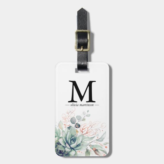 Roze Gouden Succulenten Groene Monogram Bagagelabel (Voorkant verticaal)