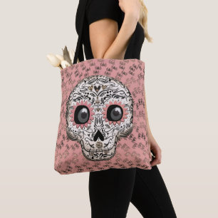 Roze & Gouden Suiker Skull & Cute Whimsical Harten Tote Bag