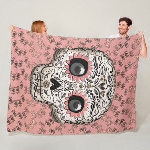 Roze & Gouden Suiker Skull & Lieve Whimsical Harte Fleece Deken