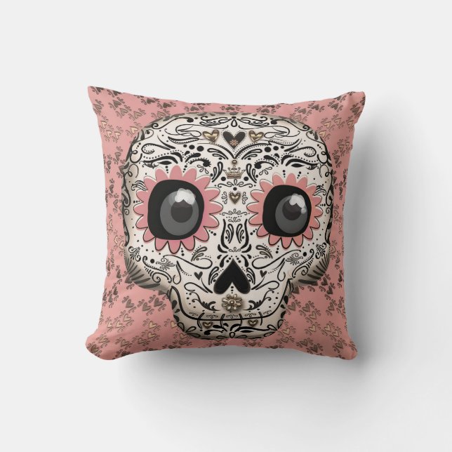 Roze & Gouden Suiker Skull & Lieve Whimsical Harte Kussen (Voorkant)