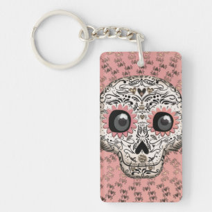 Roze & Gouden Suiker Skull & Lieve Whimsical Harte Sleutelhanger