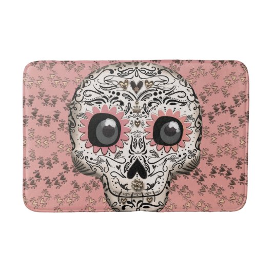 Roze & Gouden Suiker Skull & Malle Hartjes Badmat (Voorkant)