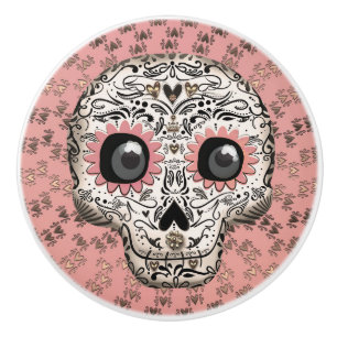 Roze & Gouden Suiker Skull & Malle Hartjes Keramische Knop