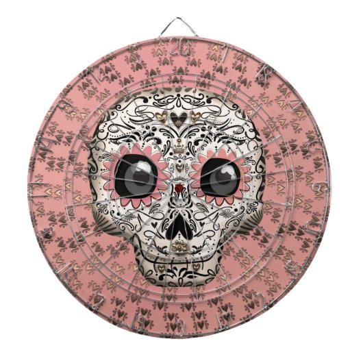 Roze & Gouden Suiker Skull & Malse Hartjes Dartbord (Voorkant)