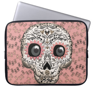 Roze & Gouden Suiker Skull & Malse Hartjes Laptop Sleeve