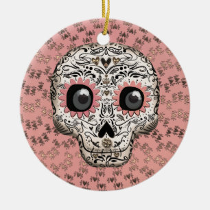 Roze & Gouden Suiker Skull & Mooie Fantasievolle H Keramisch Ornament