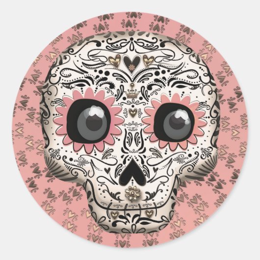 Roze & Gouden Suiker Skull Whimsical Cute Feest Ronde Sticker (Voorkant)