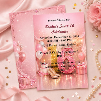 Roze Gouden Sweet 16 Verjaardagsuitnodiging Kaart