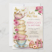 Roze Gouden Tea Party Meisje Verjaardag Kaart (Voorkant)