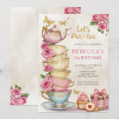 Roze Gouden Tea Party Meisje Verjaardag Kaart (Voorkant / Achterkant)