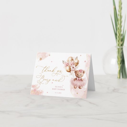 Roze Gouden Teddy Beer Ballon Baby Meisje Dank U Bedankkaart (Voorkant)
