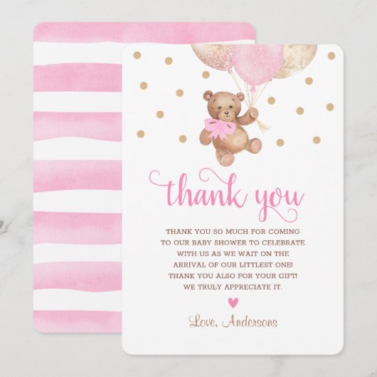 Roze Gouden Teddybeer Veel Baby shower Bedankkaart (Voorkant / Achterkant)