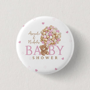 Roze Gouden Teddyschatt met Ballonnen Bruiloft Fav Ronde Button 3,2 Cm
