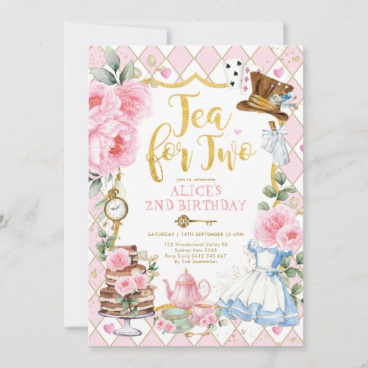 Roze gouden thee voor twee Alice in Wonderland Kaart (Voorkant)