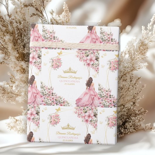 Roze Gouden Tiara Bloem Vlinders Sticker Cadeaupapier