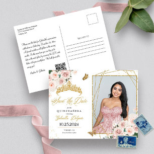 Roze & Gouden Tiara Quinceañera Fotokaart Briefkaart