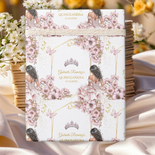 Roze Gouden Tiara Vlinder Quinceañera Cadeaupapier