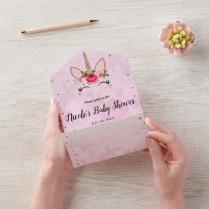Roze & Gouden Trendy All-in-One Baby Shower All In One Uitnodiging