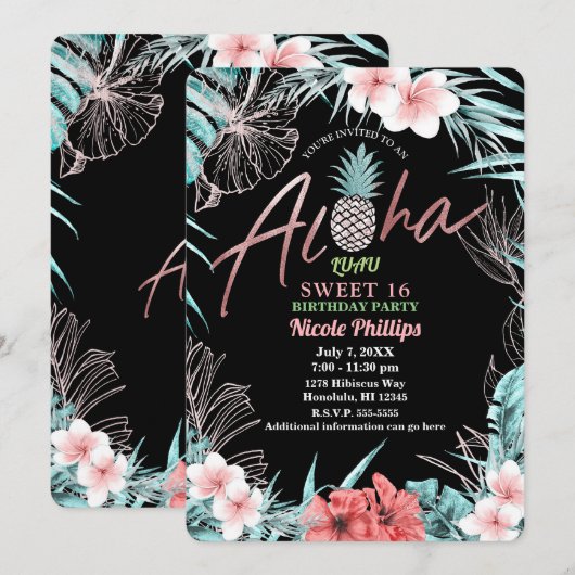 Roze Gouden Tropische Ananas Aloha Luau Sweet 16 Kaart (Voorkant / Achterkant)