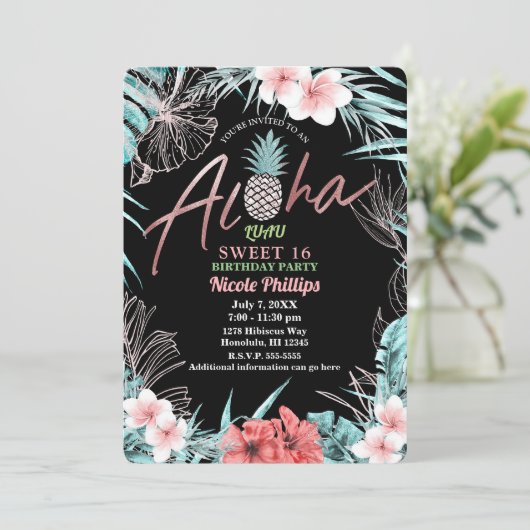 Roze Gouden Tropische Ananas Aloha Luau Sweet 16 Kaart (Staand voorkant)